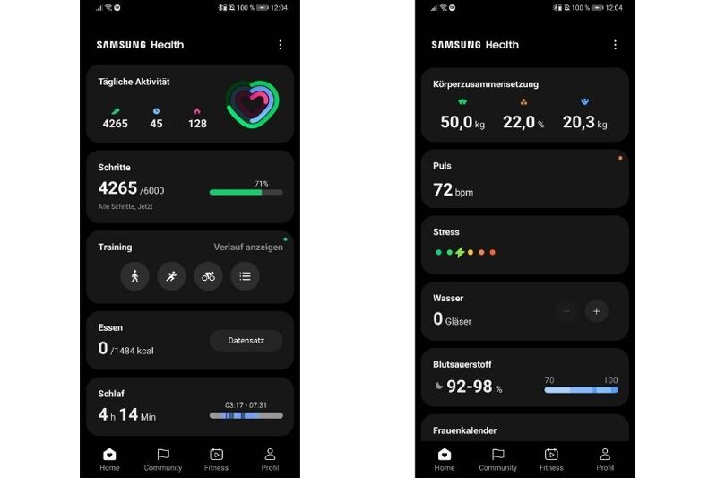 Man sieht das Menü der Samsung Health App.